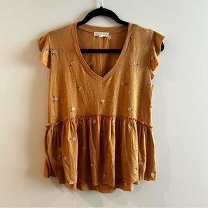 Coco + Jaimeson Floral Embroidered Peplum Top - Mustard, size M, raw edge